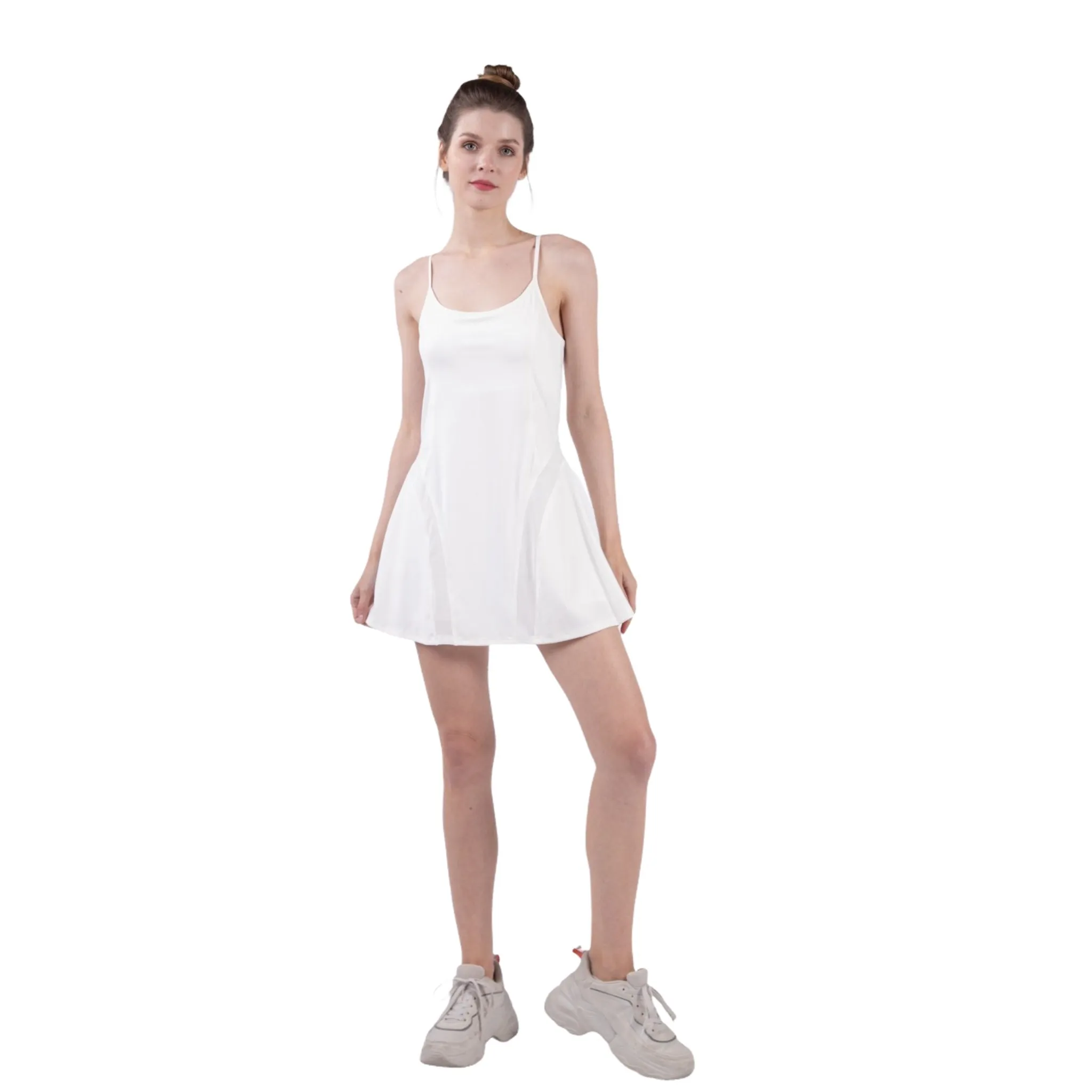 Women's White Mesh Detail Active Tennis Mini Dress with Built in Shorts