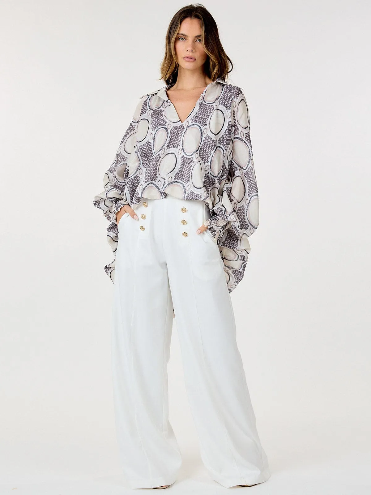 WOMEN'S ZIP UP FRONT POCKETS BUTTONS DETAILED WIDE LEG PANTS