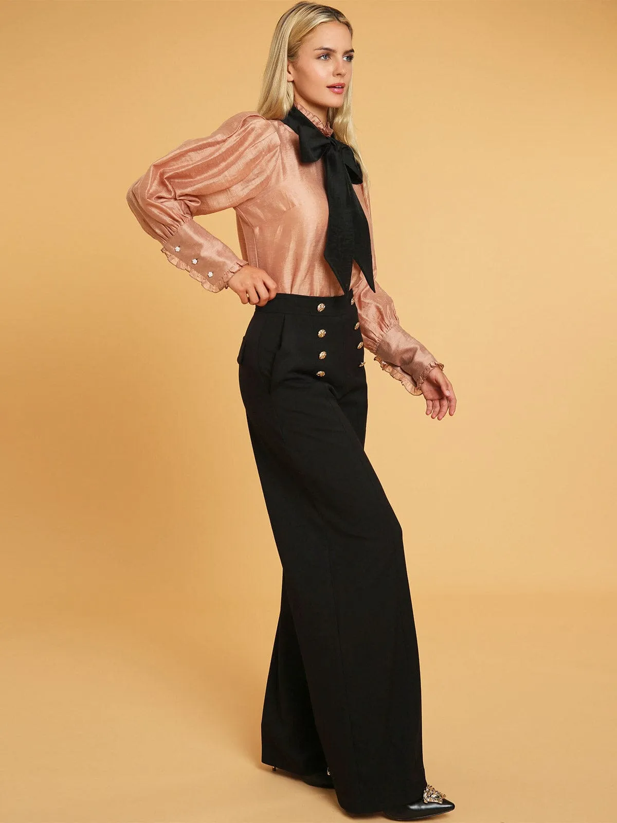 WOMEN'S ZIP UP FRONT POCKETS BUTTONS DETAILED WIDE LEG PANTS