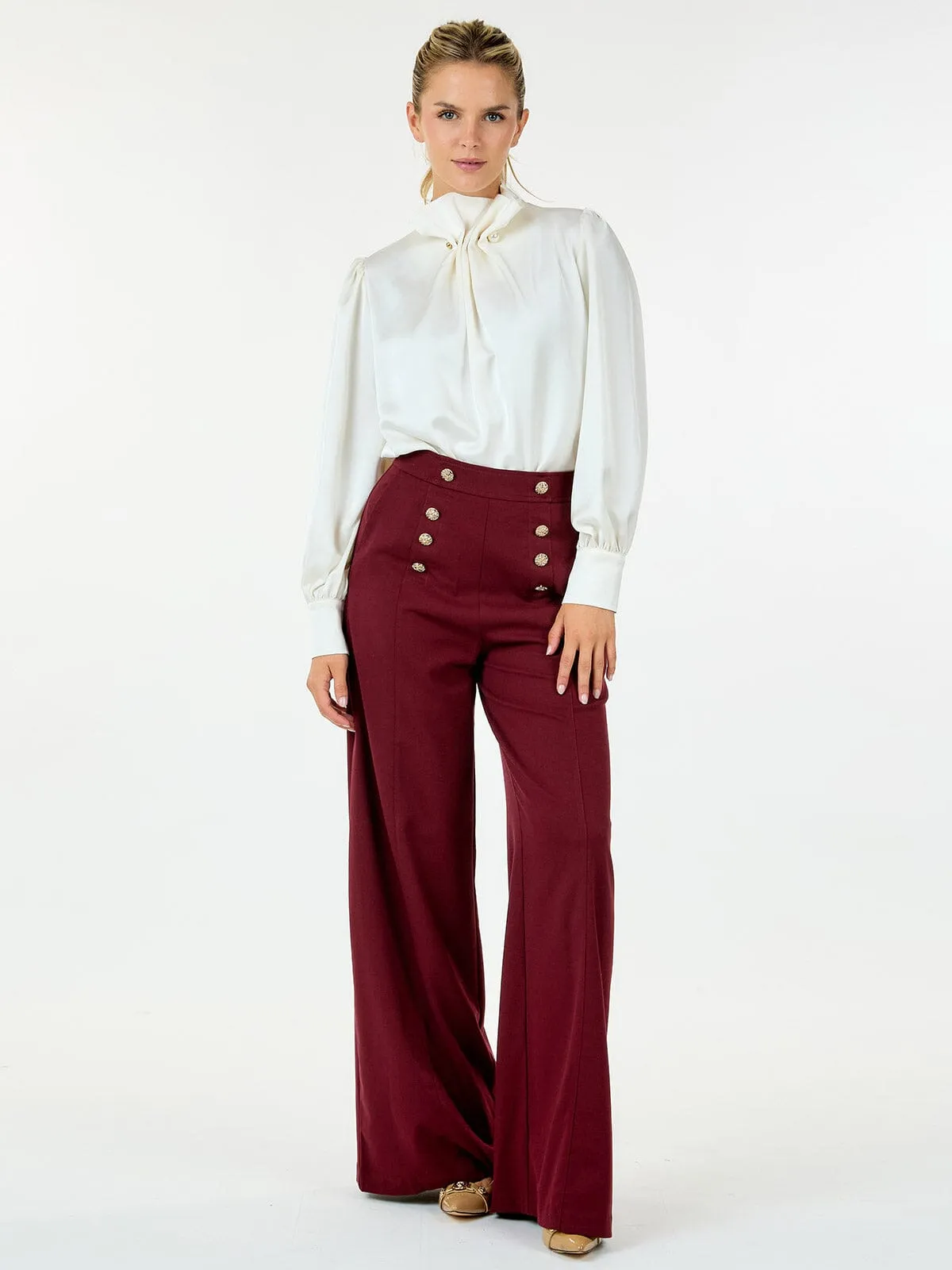 WOMEN'S ZIP UP FRONT POCKETS BUTTONS DETAILED WIDE LEG PANTS