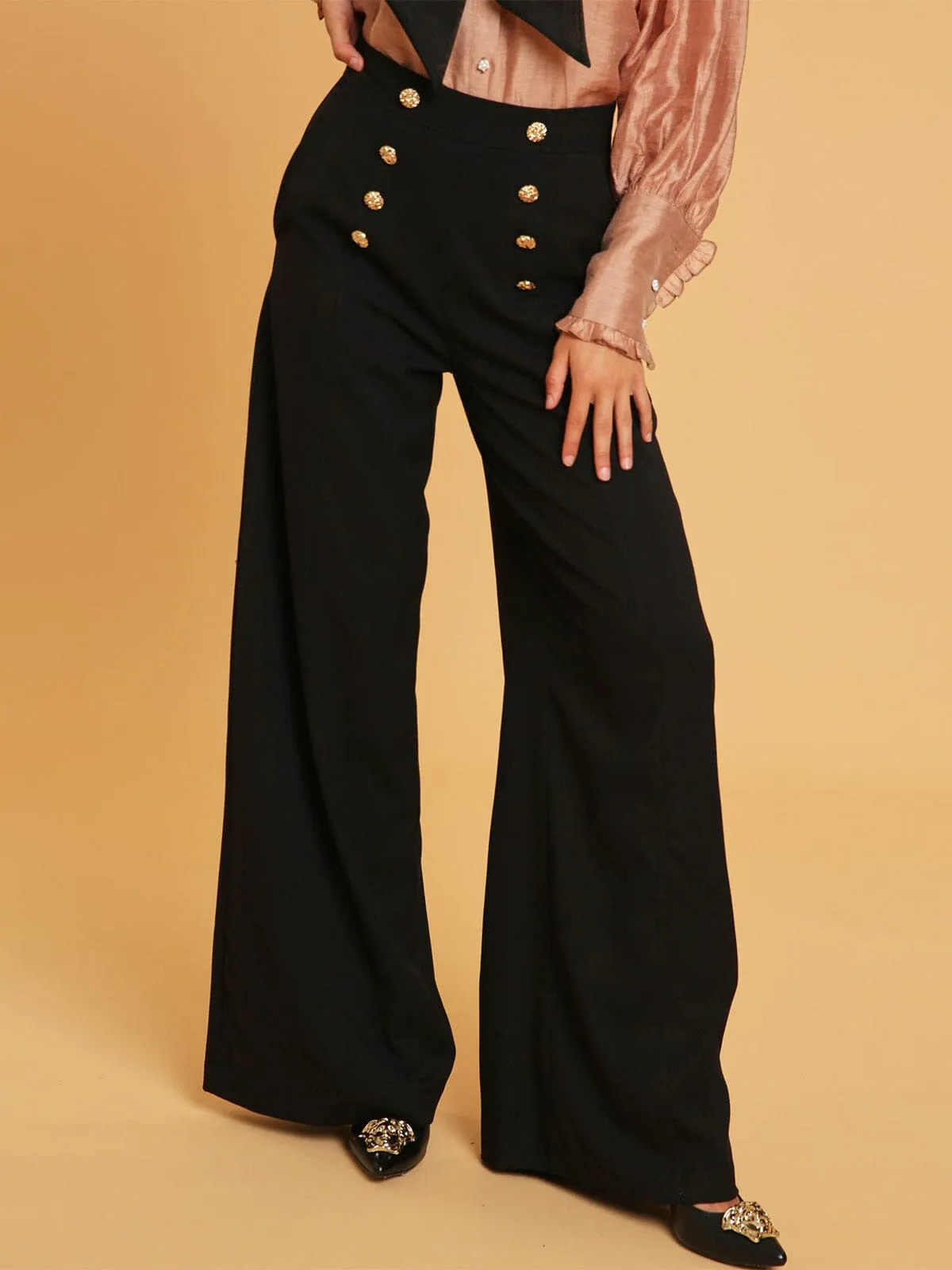 WOMEN'S ZIP UP FRONT POCKETS BUTTONS DETAILED WIDE LEG PANTS