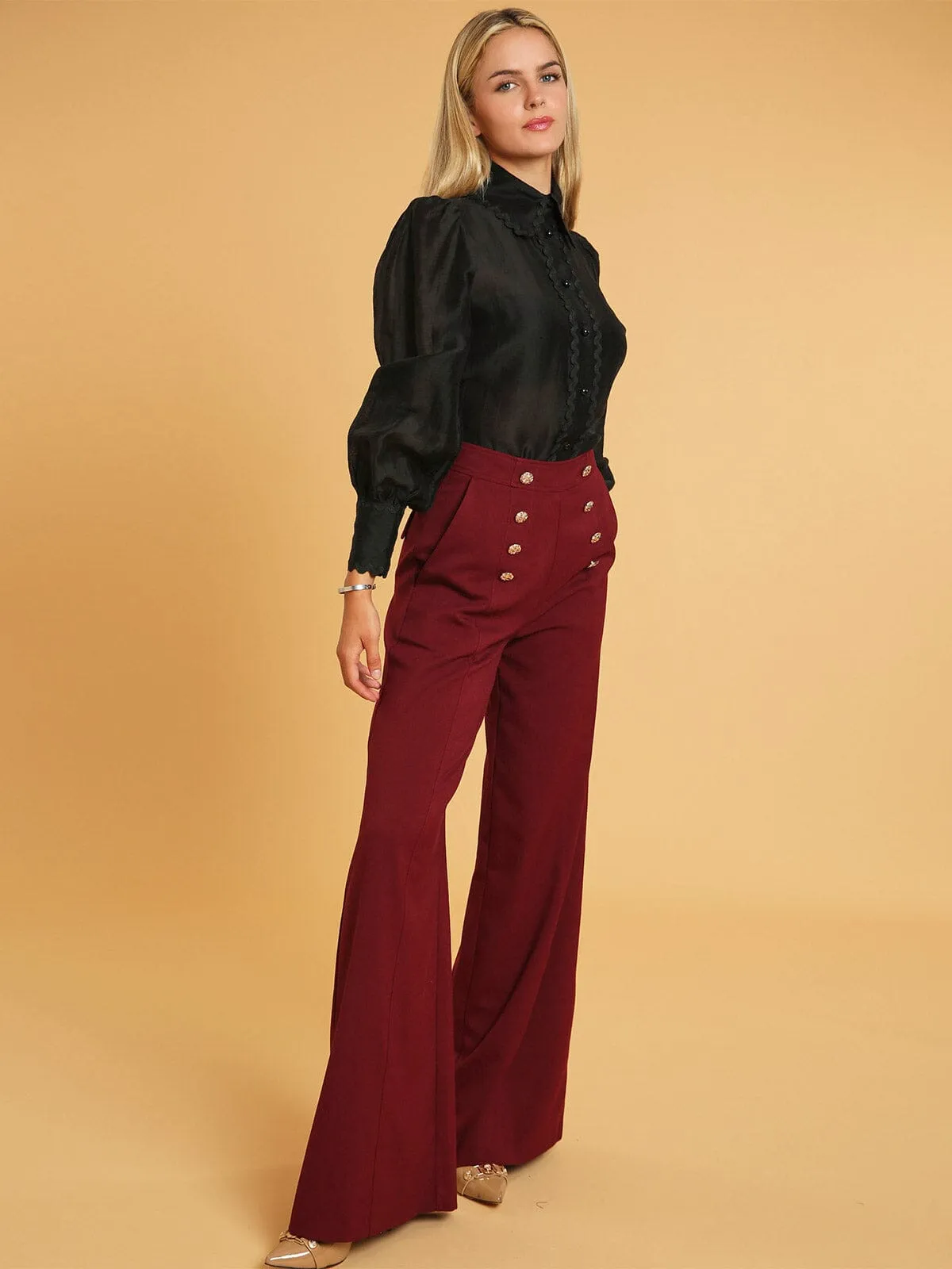 WOMEN'S ZIP UP FRONT POCKETS BUTTONS DETAILED WIDE LEG PANTS