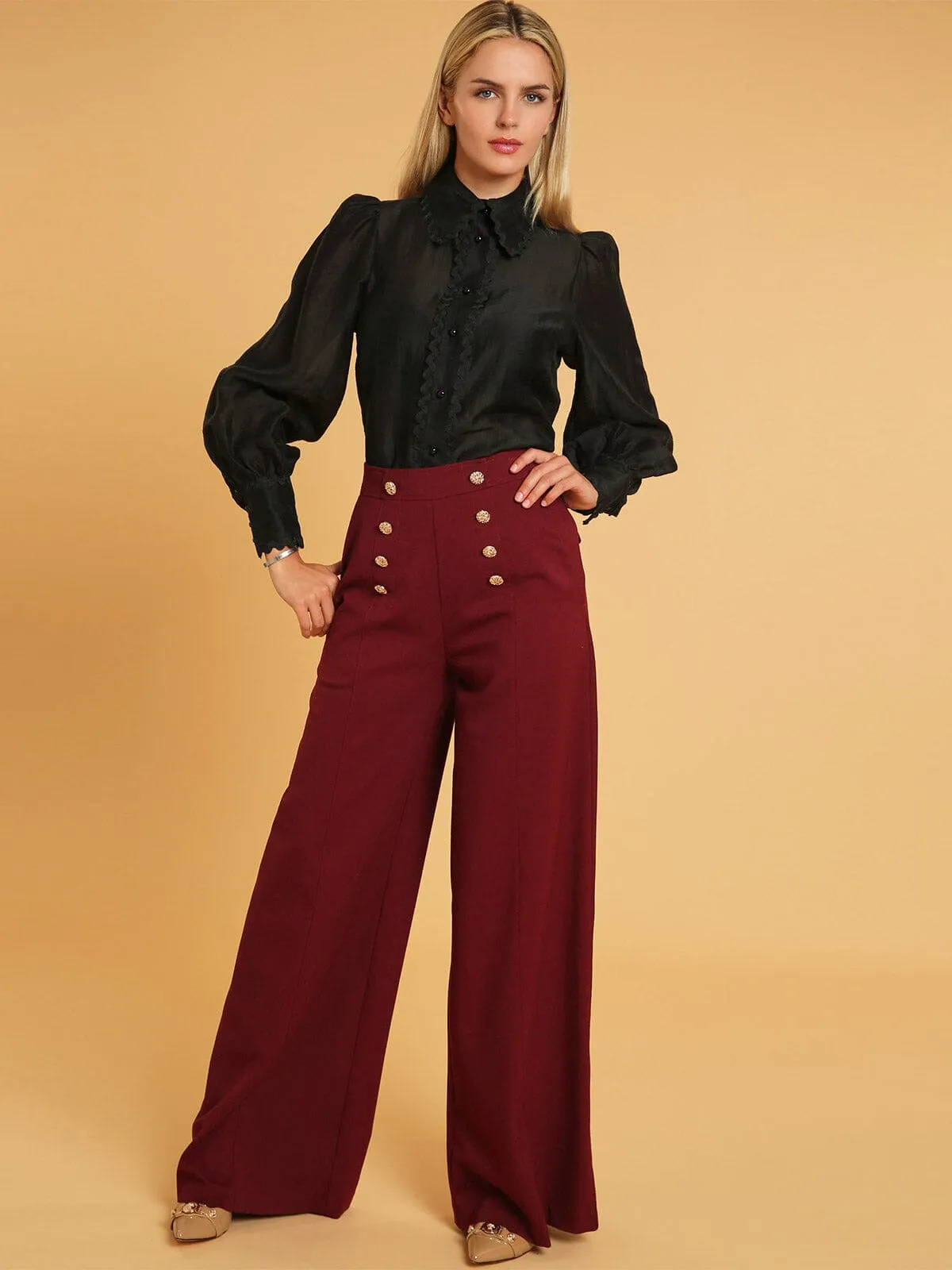 WOMEN'S ZIP UP FRONT POCKETS BUTTONS DETAILED WIDE LEG PANTS