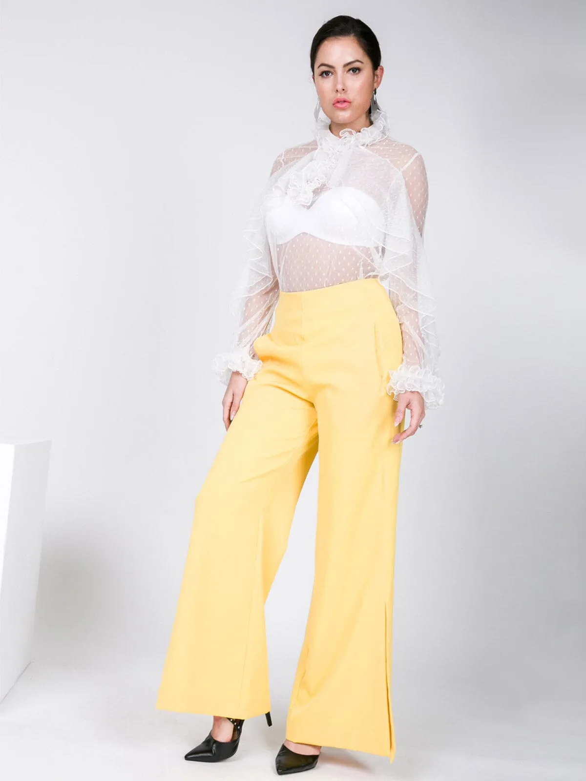 WOMEN'S ZIP UP FRONT POCKETS WIDE LEG SLIT DETAILED PANTS