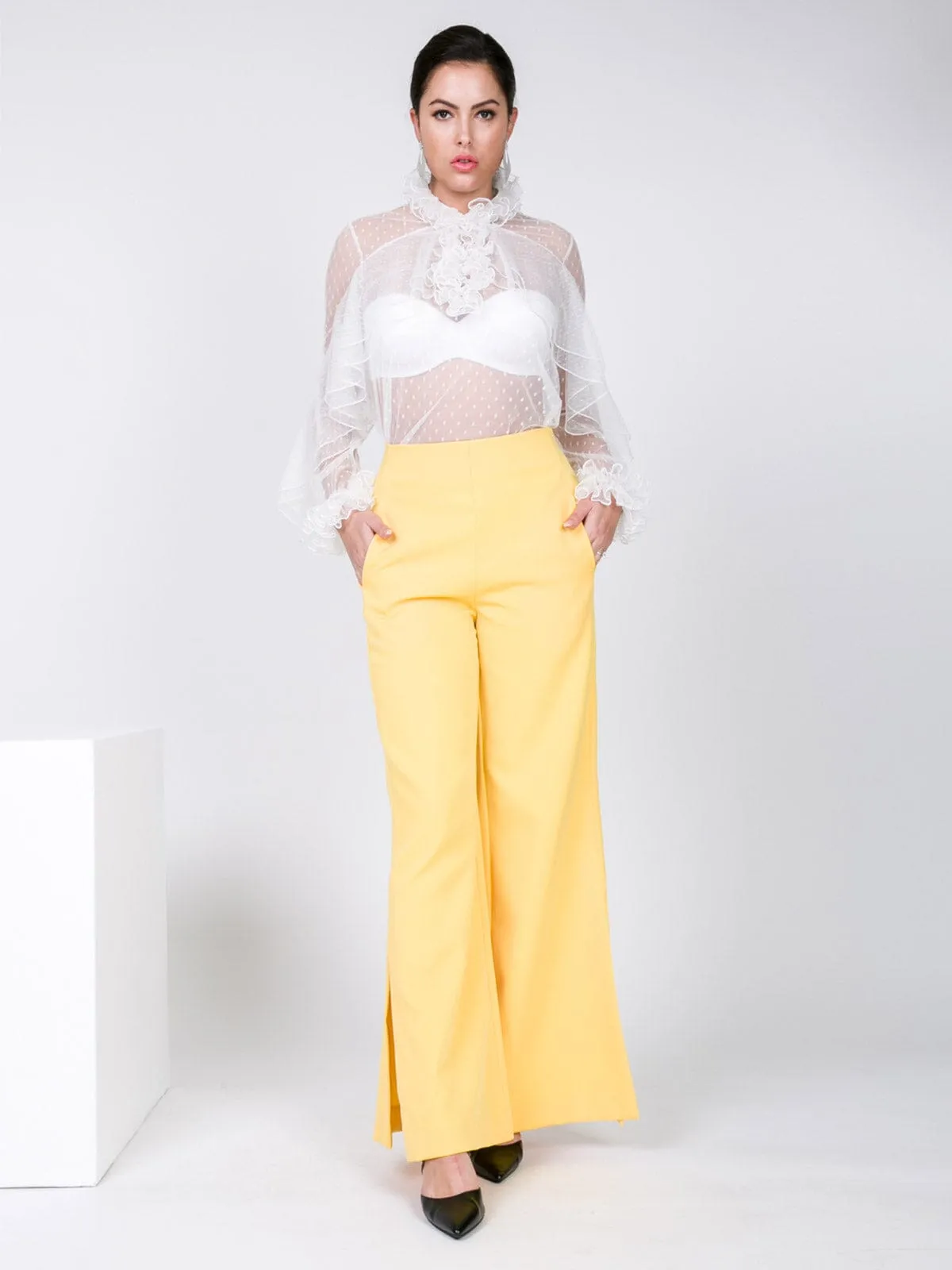 WOMEN'S ZIP UP FRONT POCKETS WIDE LEG SLIT DETAILED PANTS