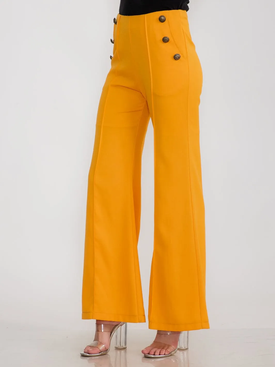 WOMEN'S ZIPPER CLOSURE FRONT POCKETS BUTTONS DETAILED BELL LEGS PANTS
