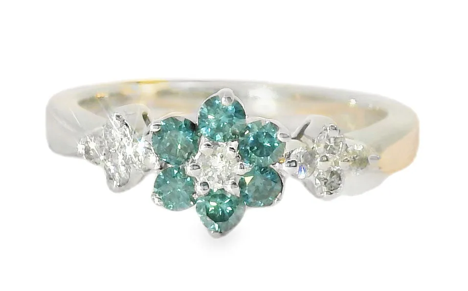 Wonderful Estate 14K White Gold Blue Diamond Floral Band Ring