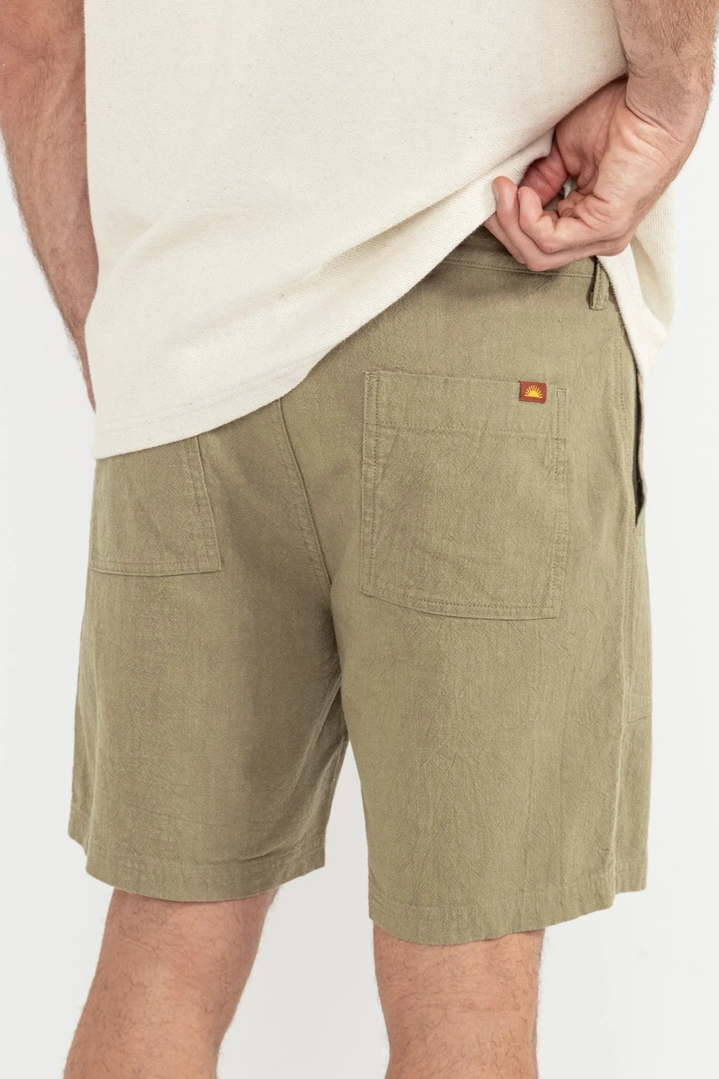 Worn Path Textured Linen Shorts- Olive