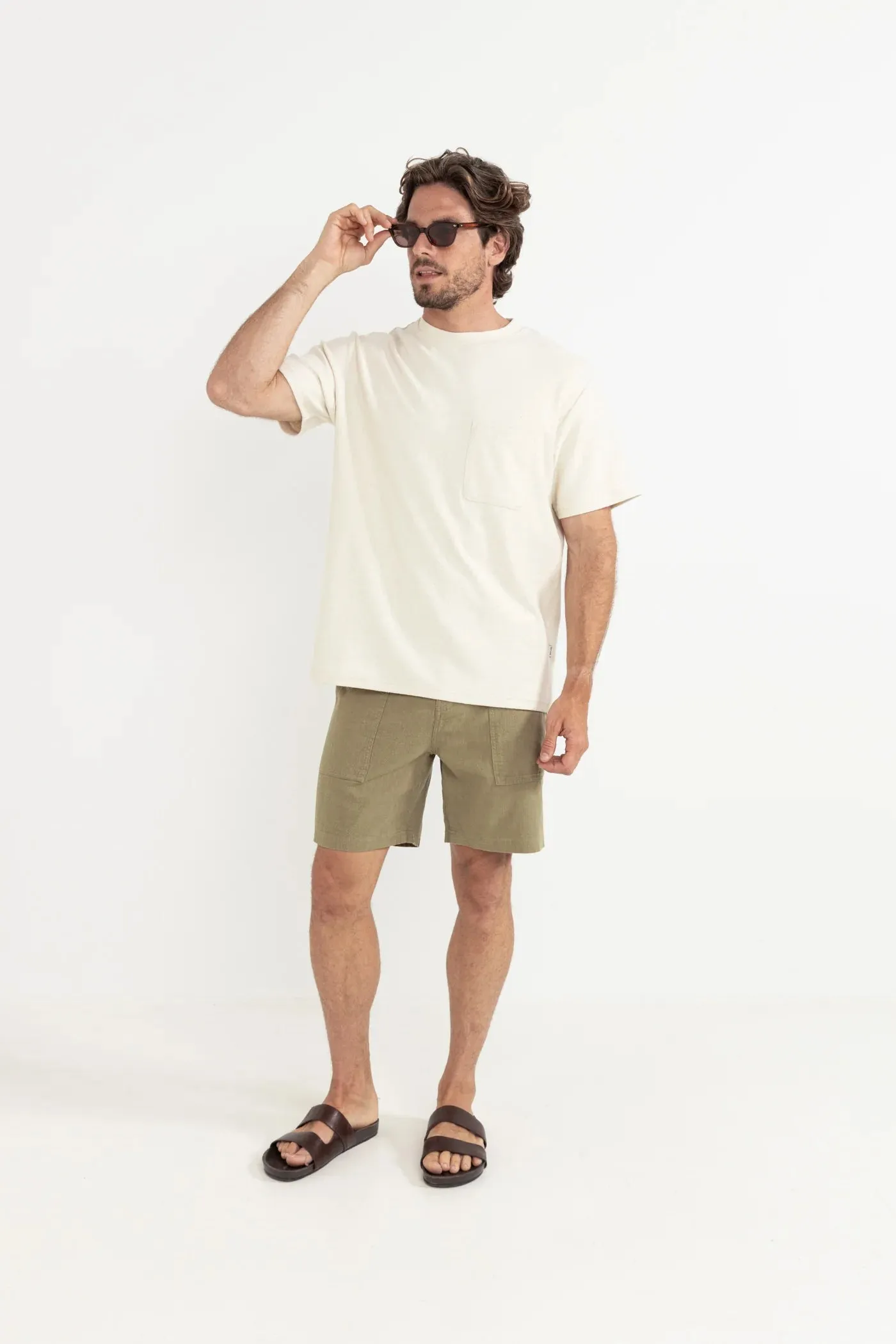 Worn Path Textured Linen Shorts- Olive