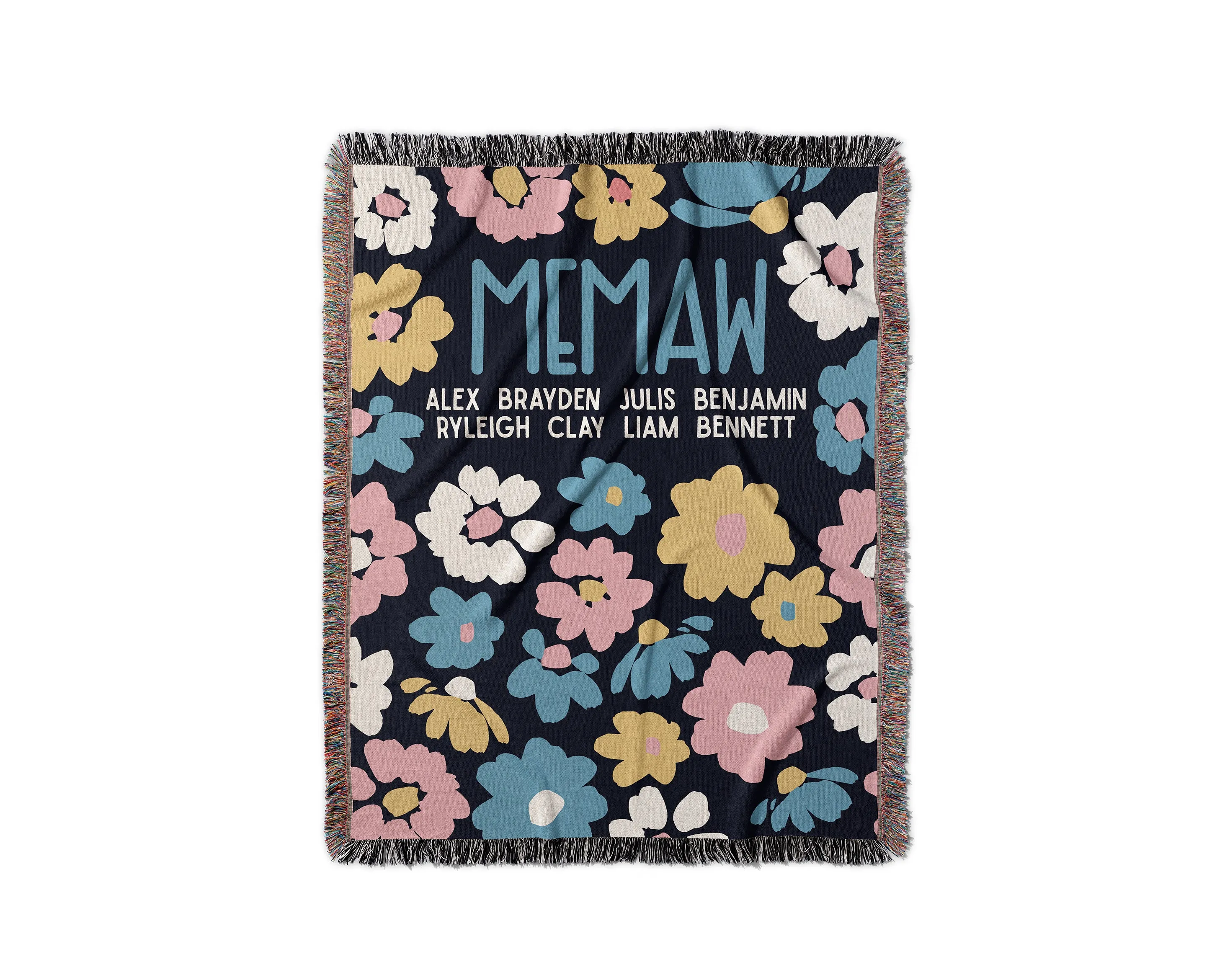 Woven Blue Floral Mother Blanket with Names