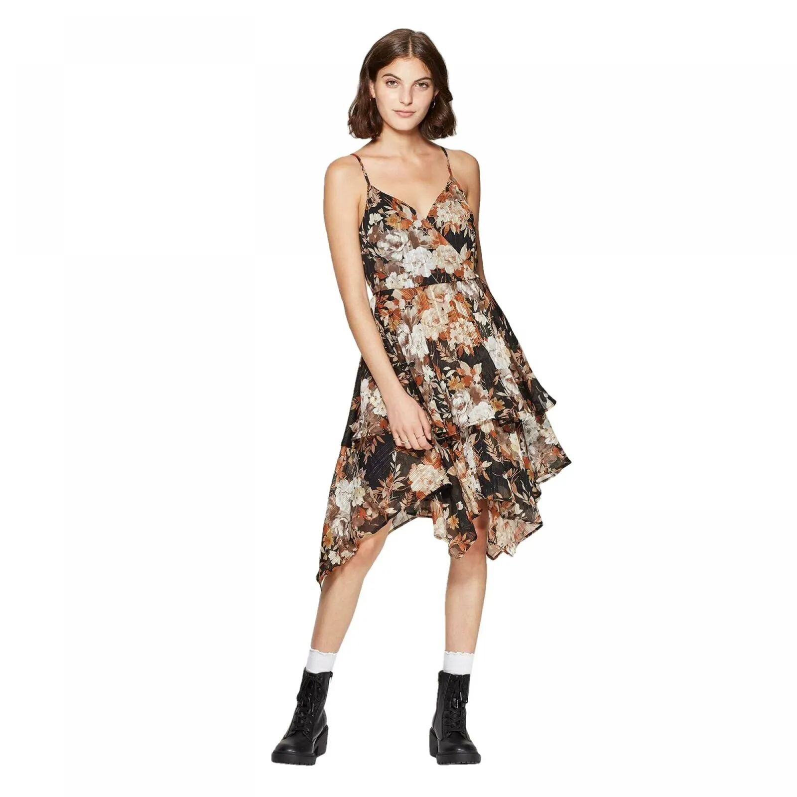 Xhilaration Women's Deep V-Neck Tiered Handkerchief Hem Shine Wrap Mini Dress