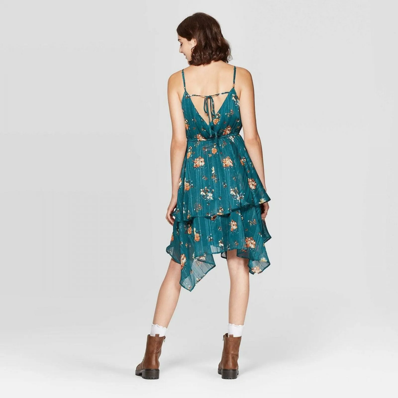 Xhilaration Women's Deep V-Neck Tiered Handkerchief Hem Shine Wrap Mini Dress