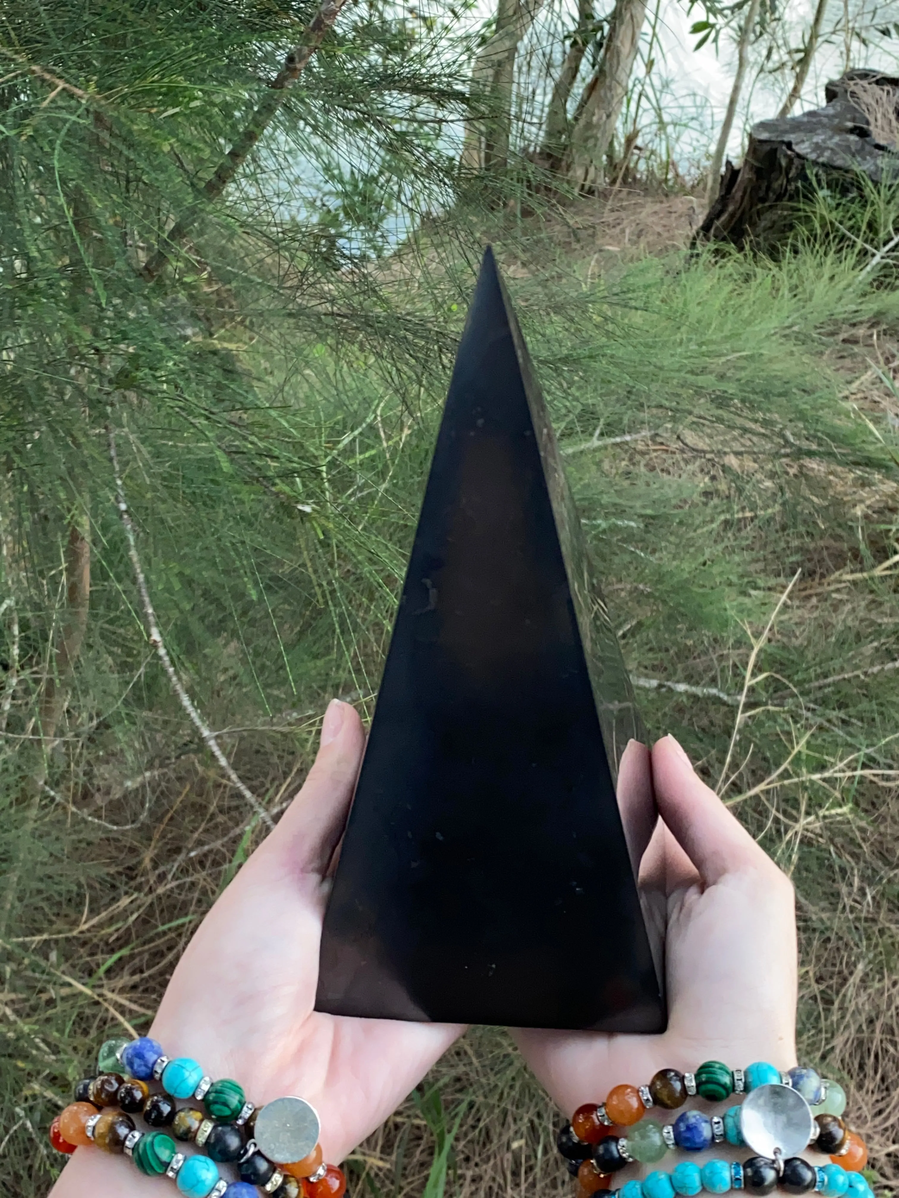 XL Polished Shungite Pyramid - 8.5 inch Reiki-Charged Power Pyramid