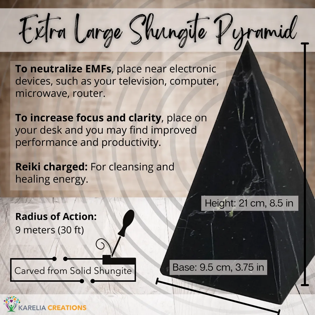 XL Polished Shungite Pyramid - 8.5 inch Reiki-Charged Power Pyramid