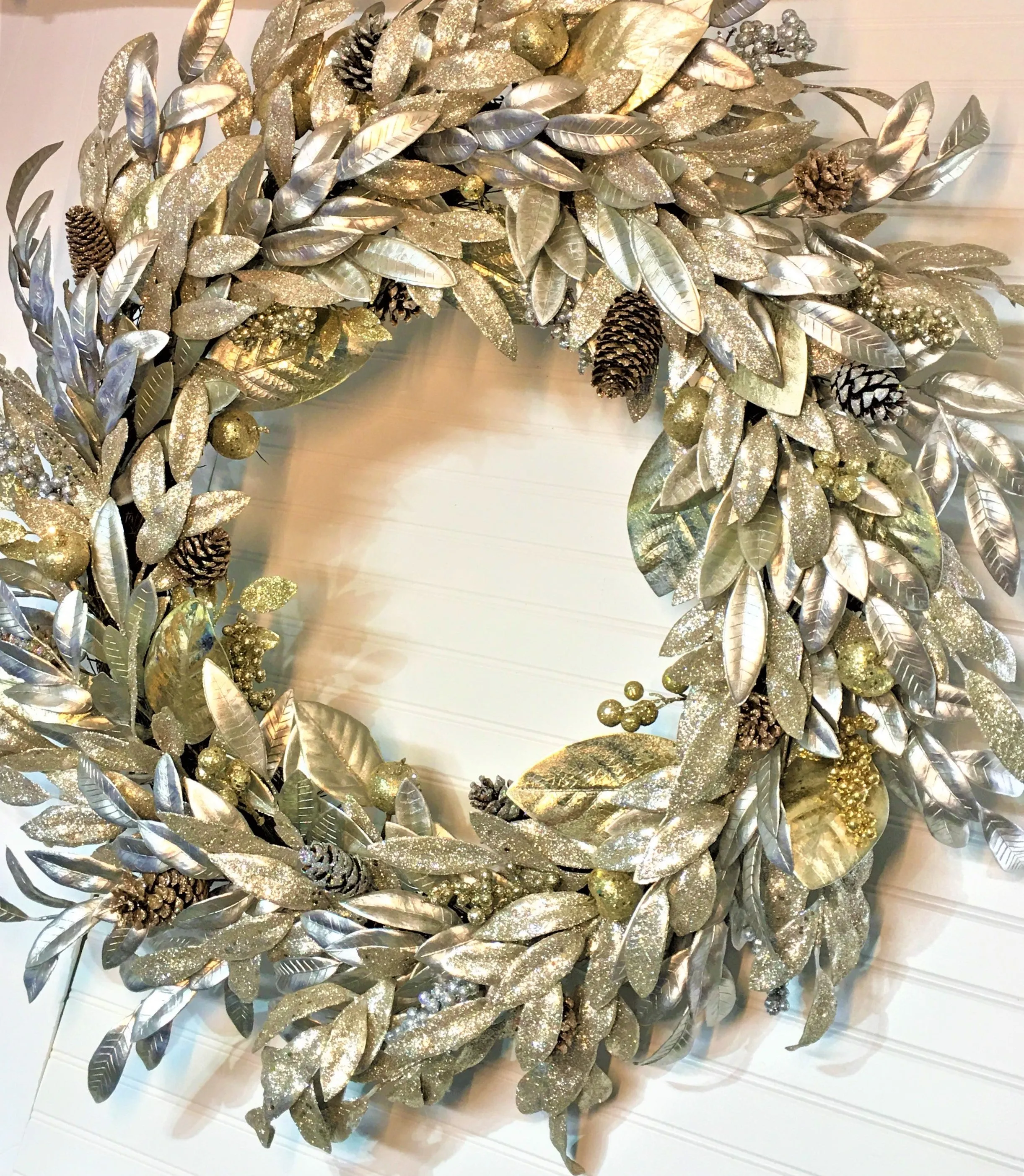 Xmas Wreath, Gold & Silver Magnolia Wreath 36"