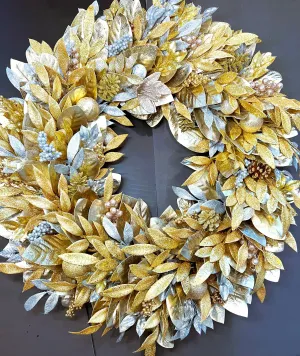 Xmas Wreath, Gold & Silver Magnolia Wreath 36"