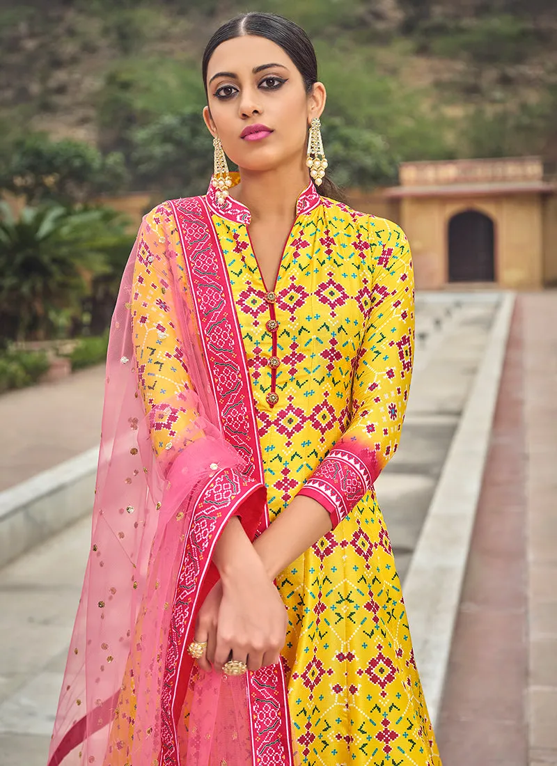 Yellow And Pink Multicoloured Printed Silk Designer Anarkali Gown