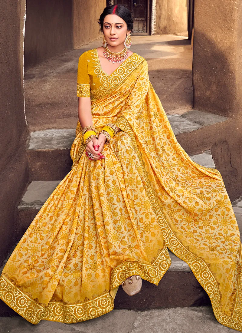 Yellow Digital Prints And Soraski Work Silk Saree
