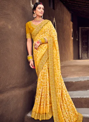 Yellow Digital Prints And Soraski Work Silk Saree