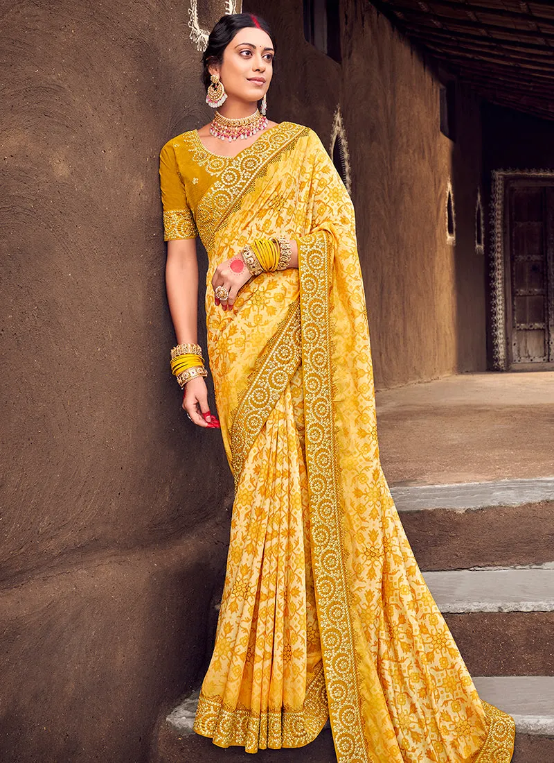 Yellow Digital Prints And Soraski Work Silk Saree