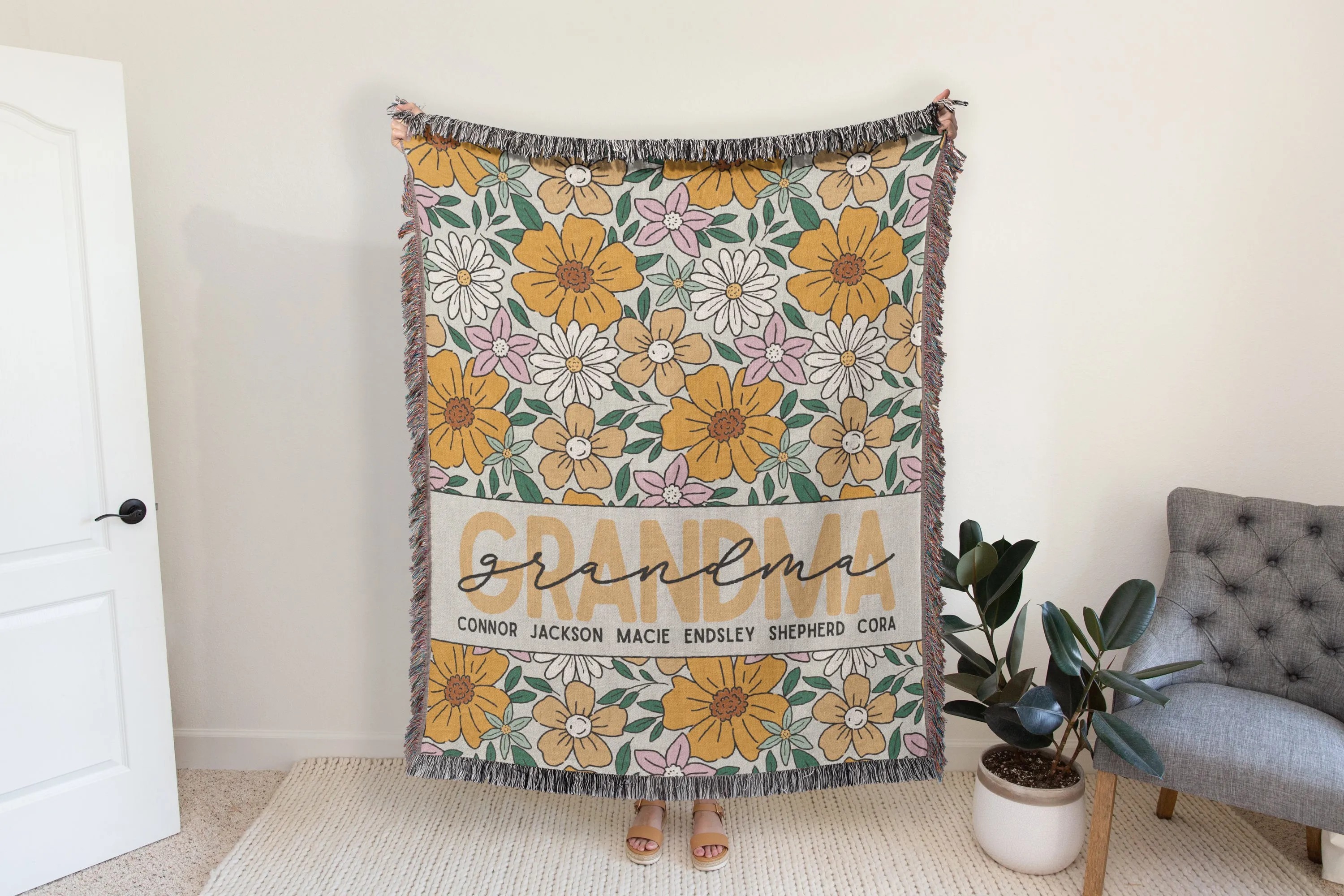 Yellow Floral Mother Blanket with Names