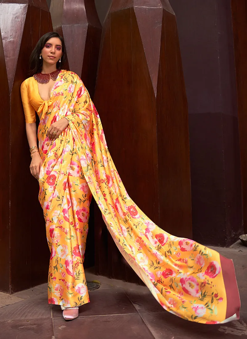 Yellow Floral Printed Festive Saree