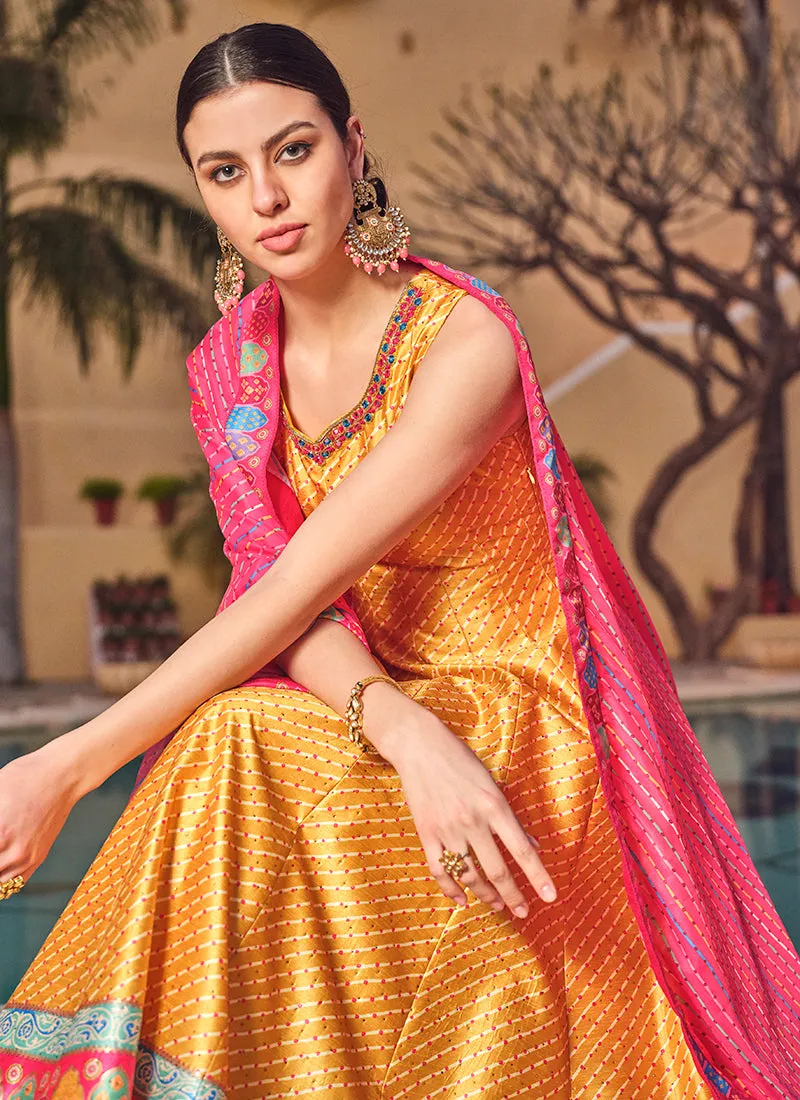 Yellow Pink Embroidery And Printed Anarkali Gown