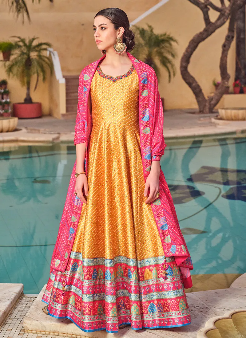 Yellow Pink Embroidery And Printed Anarkali Gown