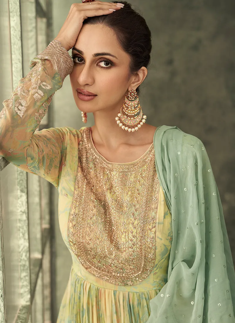 Yellow Sequence Embroidery Floral Anarkali Gown