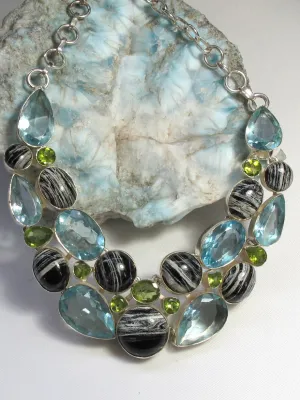 Zebra Jasper, Peridot and Blue Topaz Gemstones Necklace