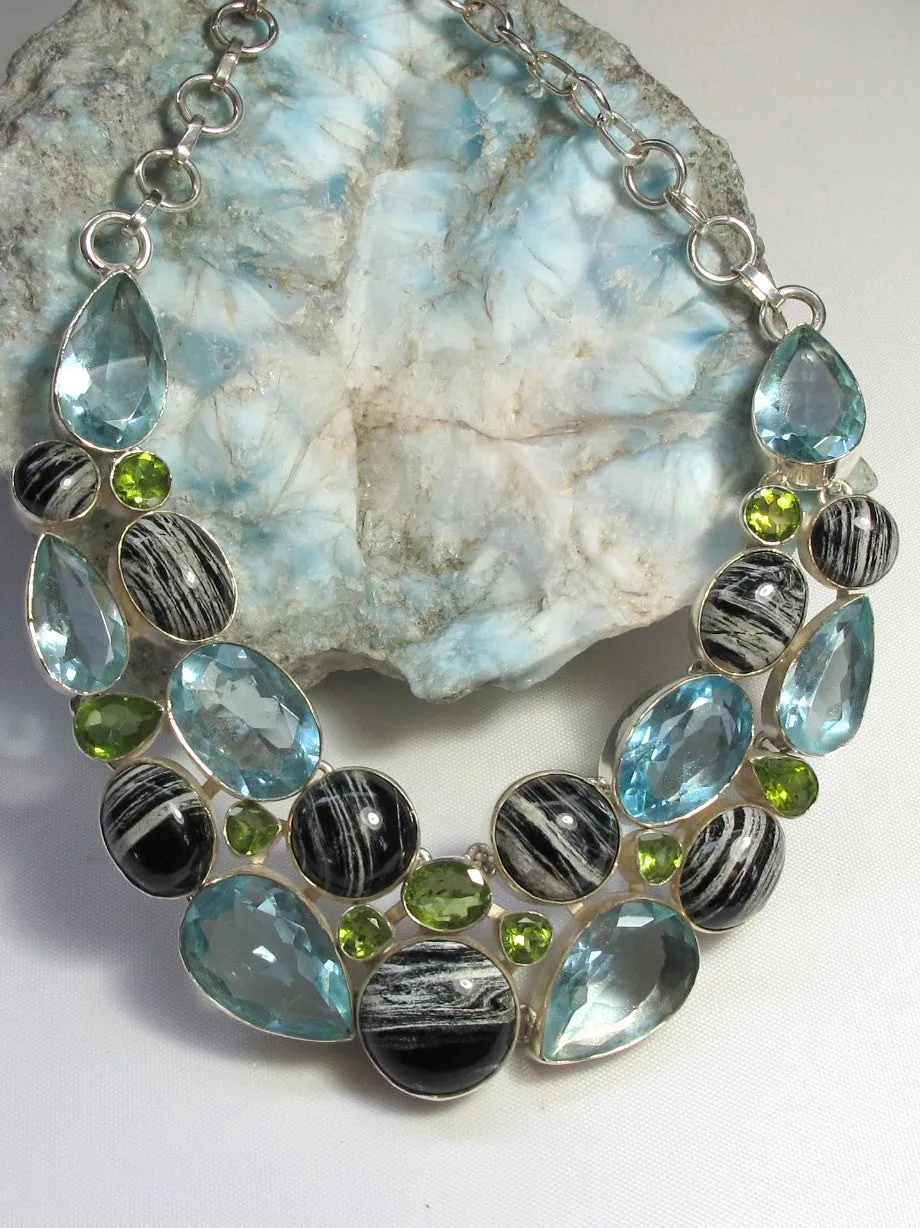 Zebra Jasper, Peridot and Blue Topaz Gemstones Necklace