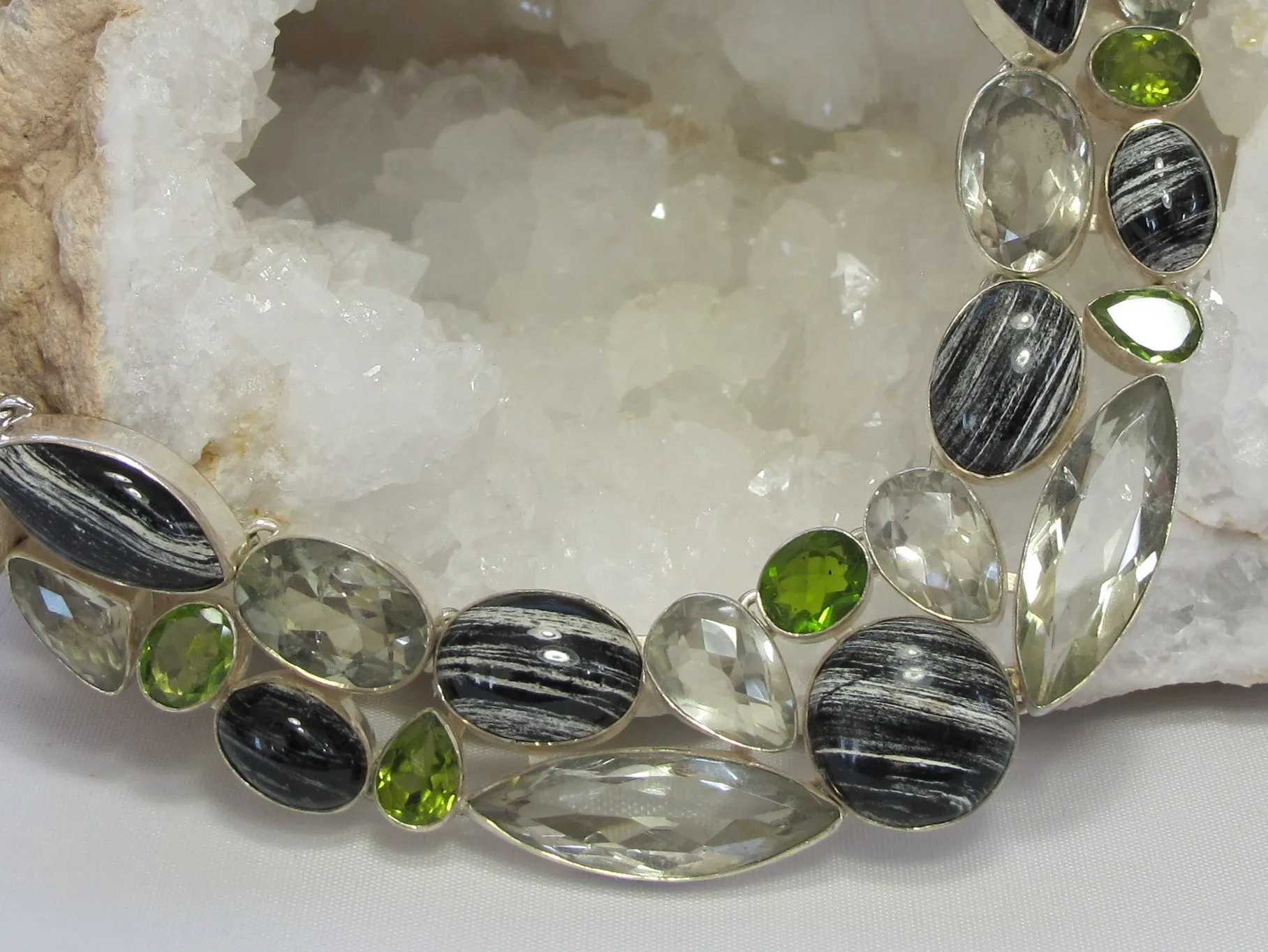 Zebra Jasper, Peridot and Green Amethyst Quartz Gemstones Necklace