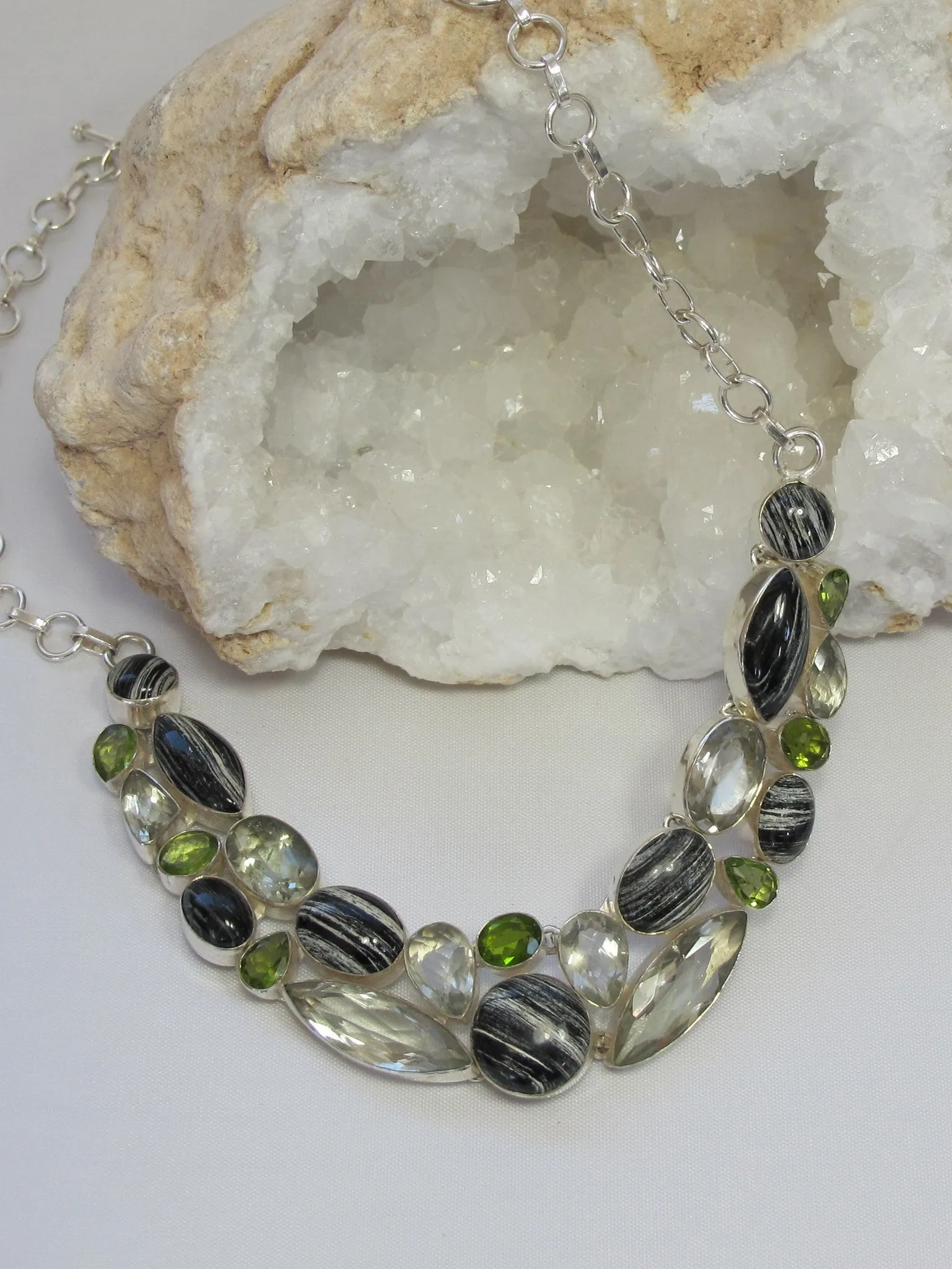 Zebra Jasper, Peridot and Green Amethyst Quartz Gemstones Necklace