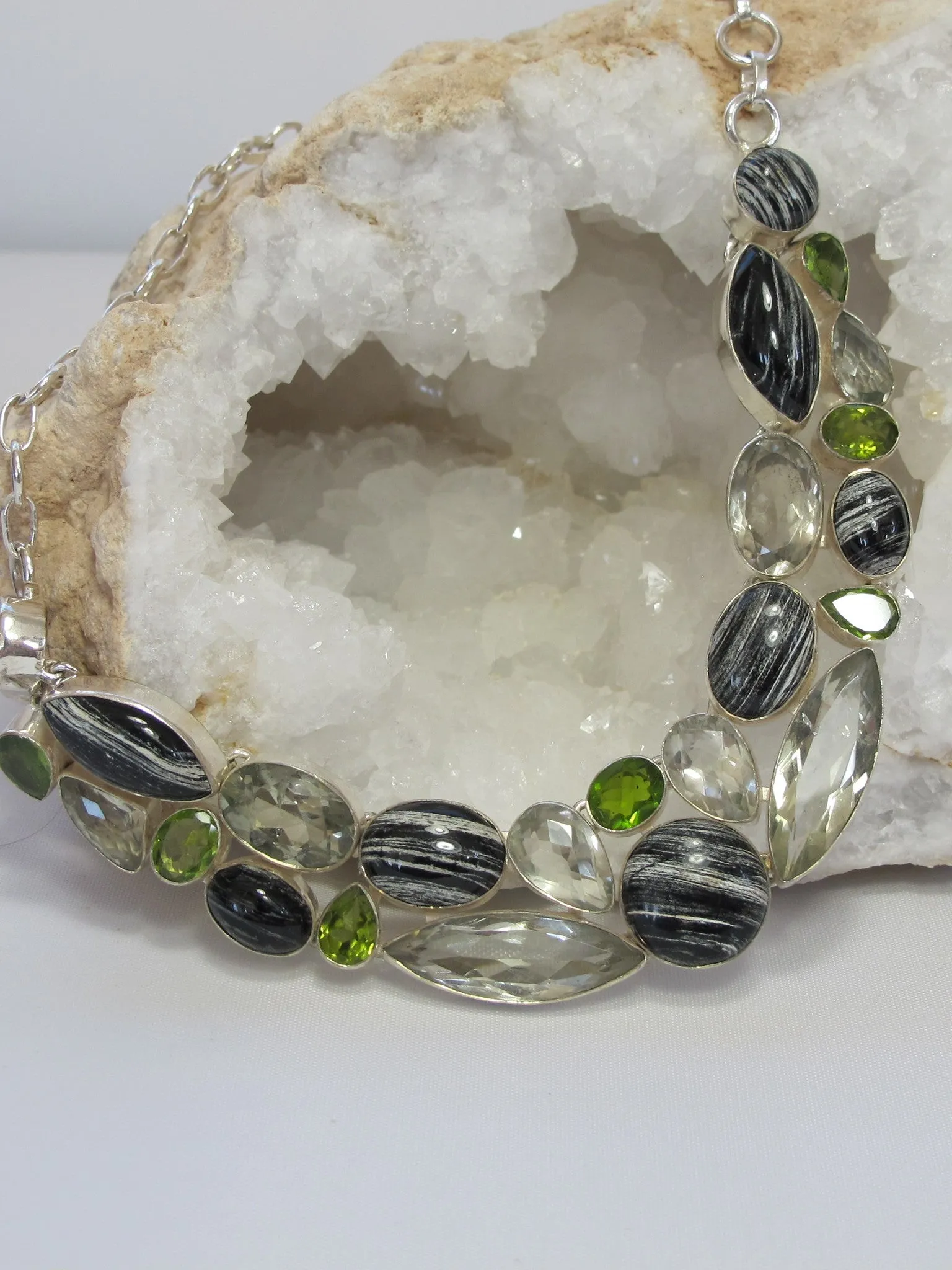 Zebra Jasper, Peridot and Green Amethyst Quartz Gemstones Necklace