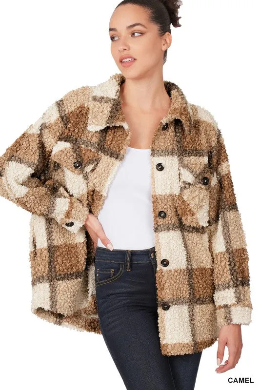ZENANA Sherpa Plaid shacket With Pockets