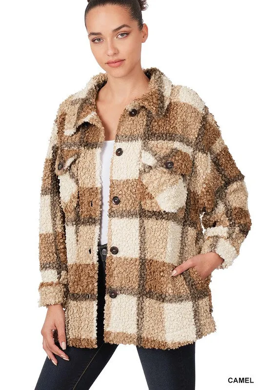 ZENANA Sherpa Plaid shacket With Pockets