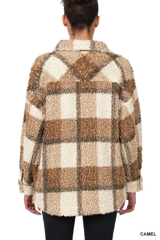 ZENANA Sherpa Plaid shacket With Pockets