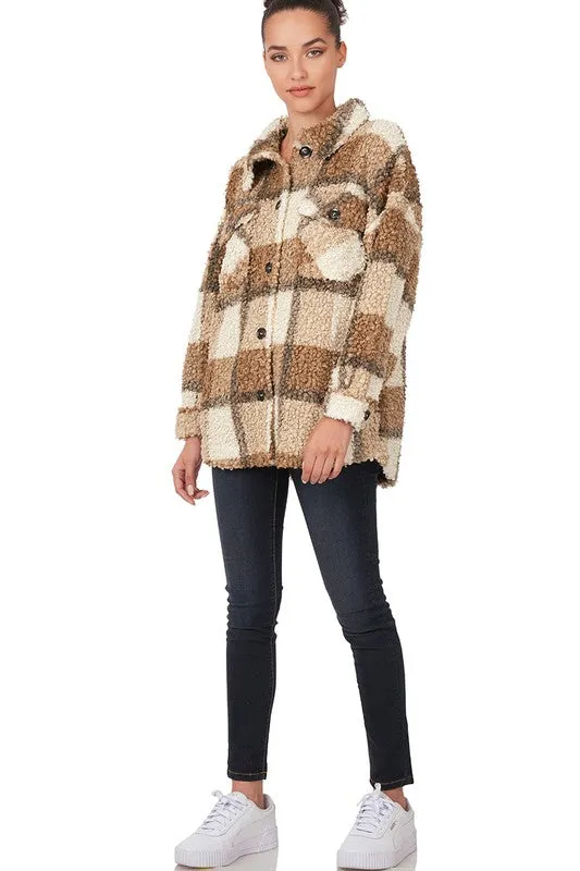 ZENANA Sherpa Plaid shacket With Pockets