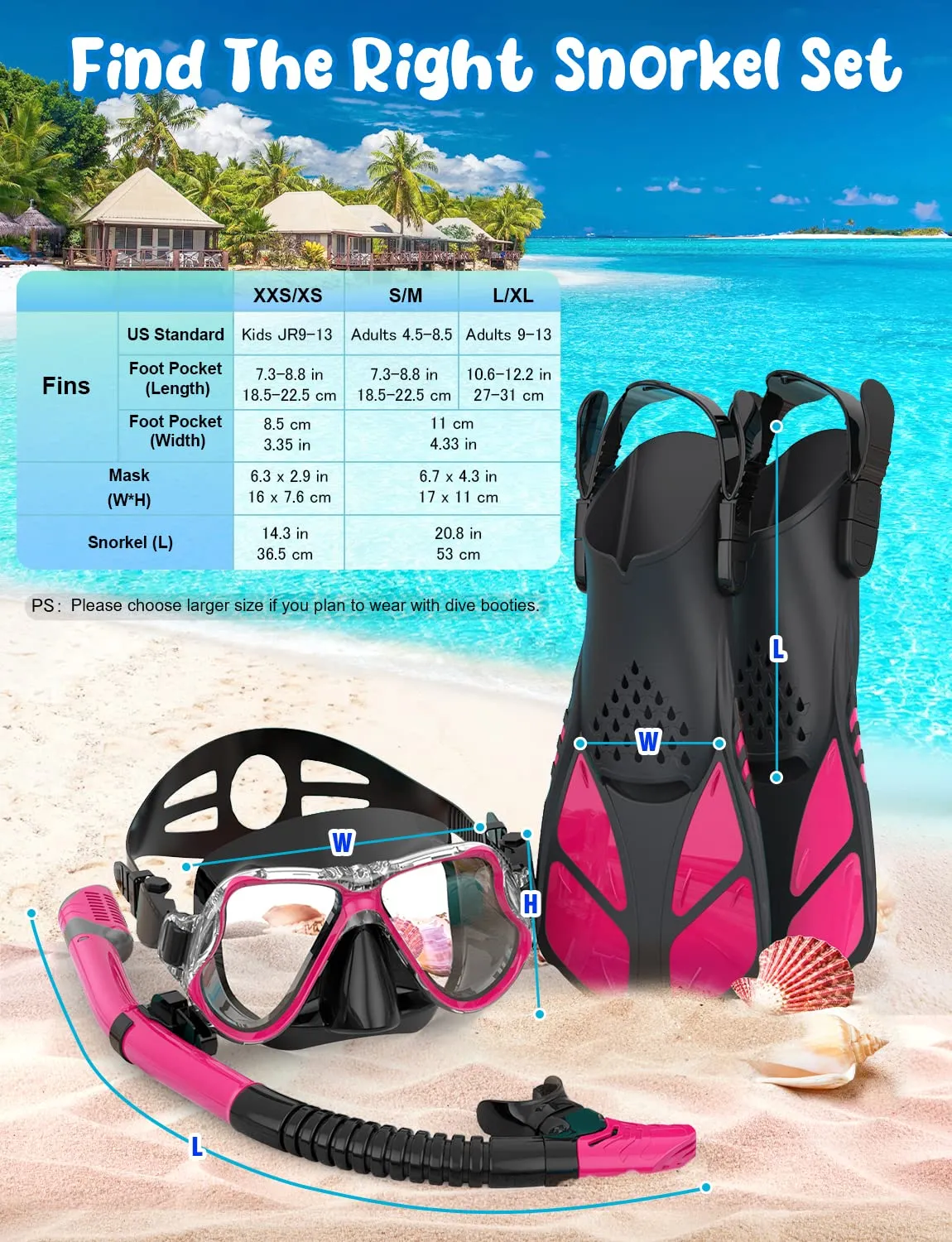 Zenoplige Mask Fins Snorkel Set, Snorkeling Gear for Adults, Panoramic View Snorkel Mask Anti-Fog, Adjustable Dive Flippers, Dry Top Snorkel and Travel Bag, Scuba Gear for Swimming Snorkeling Diving