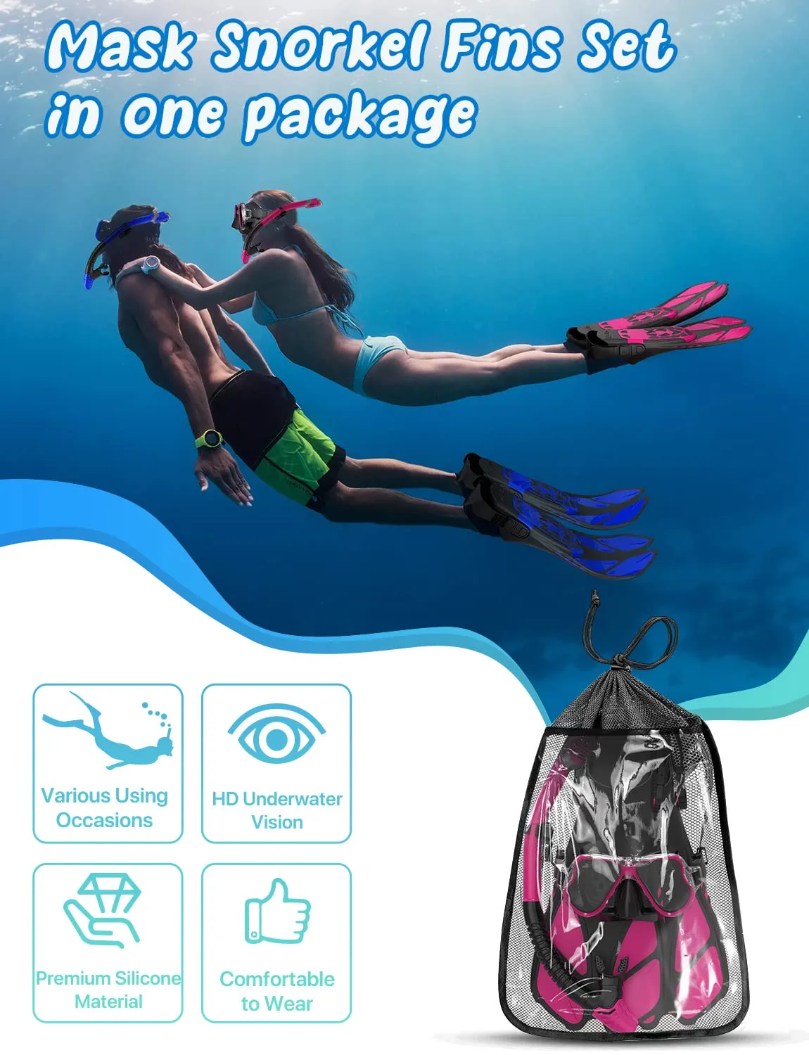 Zenoplige Mask Fins Snorkel Set, Snorkeling Gear for Adults, Panoramic View Snorkel Mask Anti-Fog, Adjustable Dive Flippers, Dry Top Snorkel and Travel Bag, Scuba Gear for Swimming Snorkeling Diving