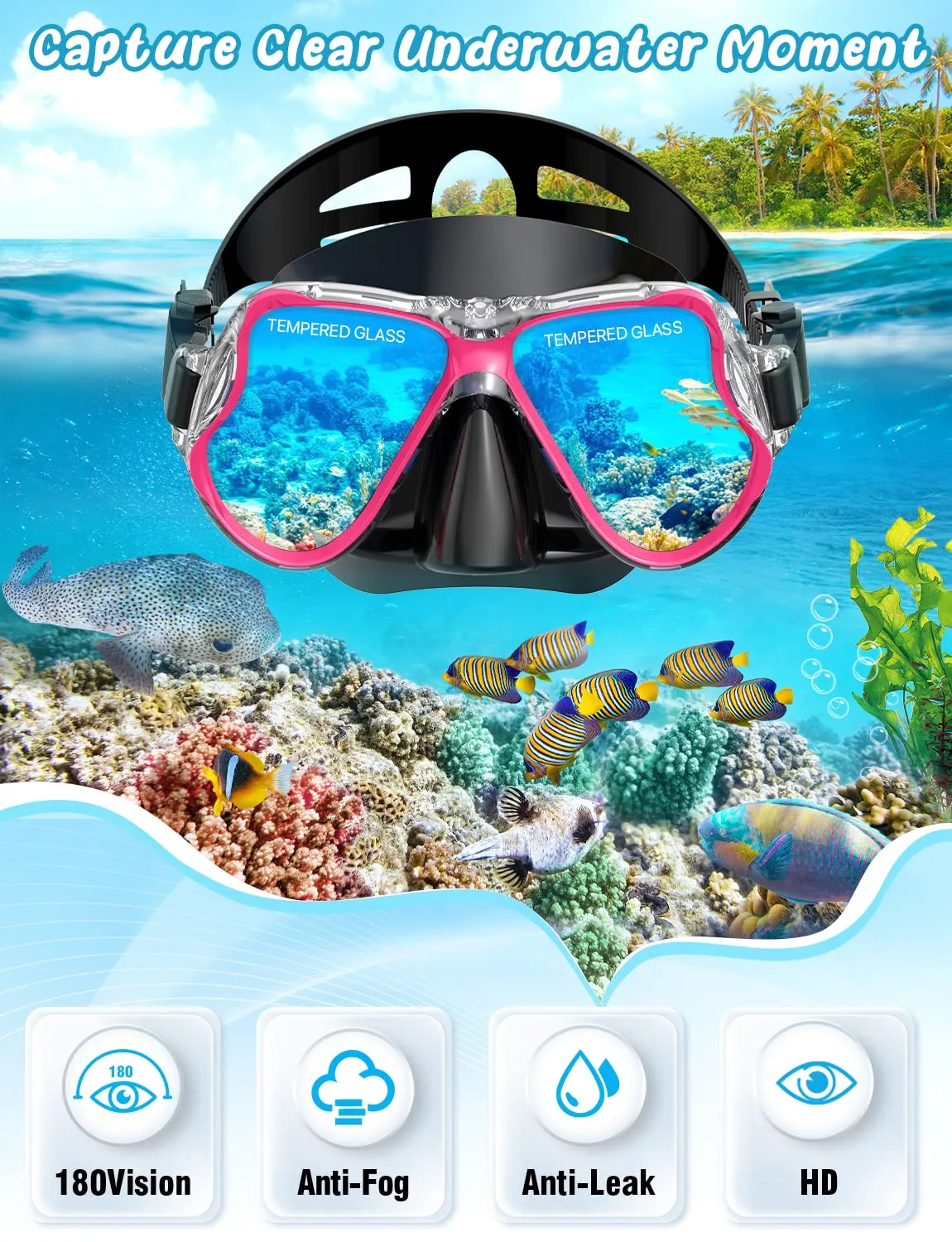 Zenoplige Mask Fins Snorkel Set, Snorkeling Gear for Adults, Panoramic View Snorkel Mask Anti-Fog, Adjustable Dive Flippers, Dry Top Snorkel and Travel Bag, Scuba Gear for Swimming Snorkeling Diving