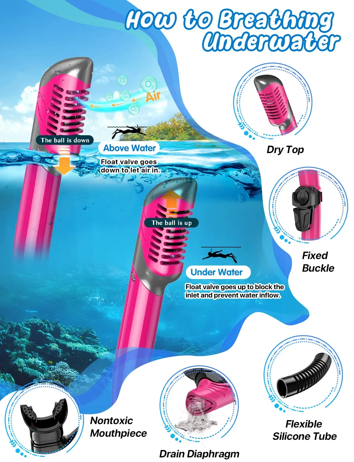 Zenoplige Mask Fins Snorkel Set, Snorkeling Gear for Adults, Panoramic View Snorkel Mask Anti-Fog, Adjustable Dive Flippers, Dry Top Snorkel and Travel Bag, Scuba Gear for Swimming Snorkeling Diving
