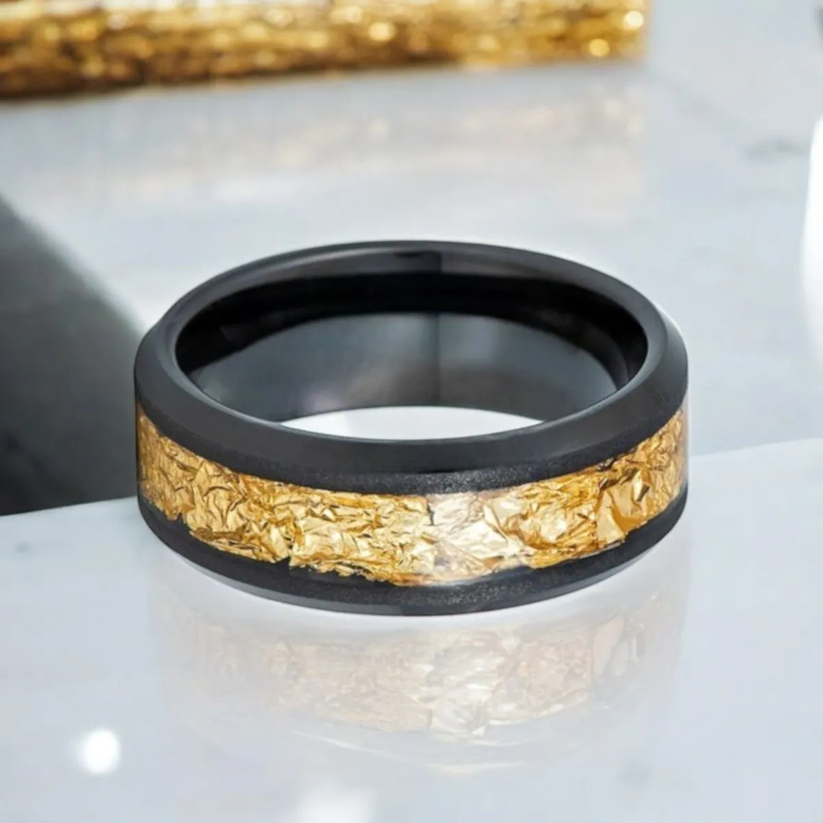 ZORYN | Black Tungsten Ring, Gold Foil Inlay, Beveled, 8mm